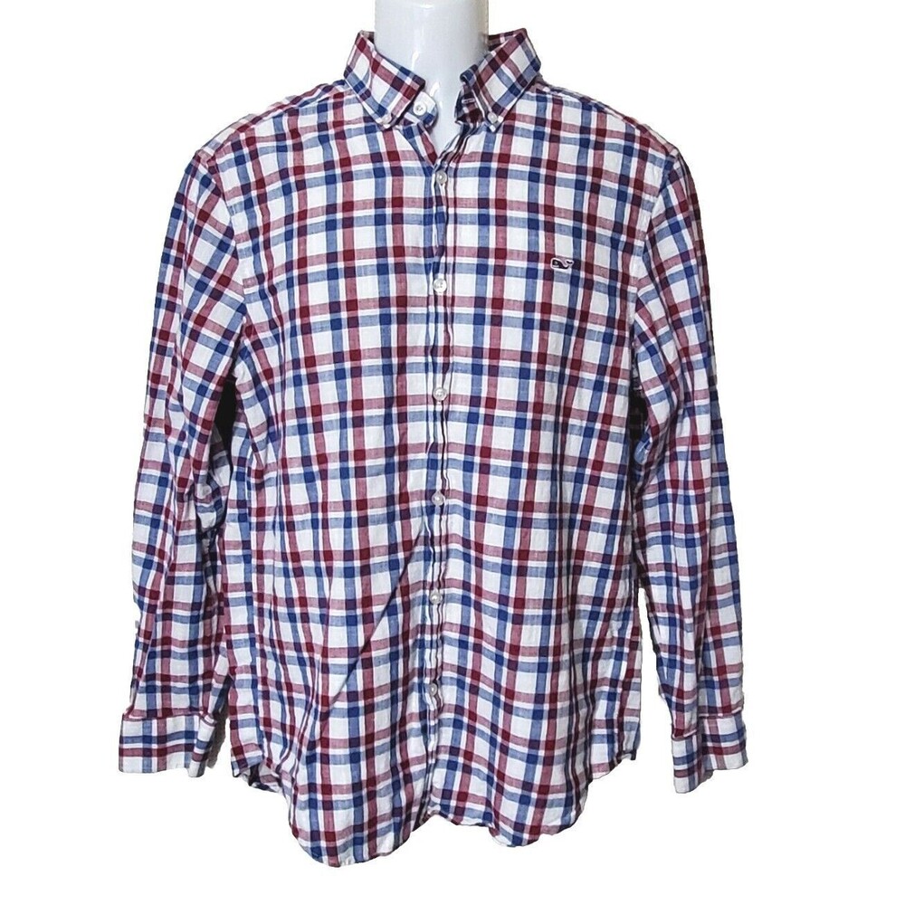 Vineyard Vines Shirt Mens Medium Blue Plaid Button Up Whale Shirt Long Sleeve